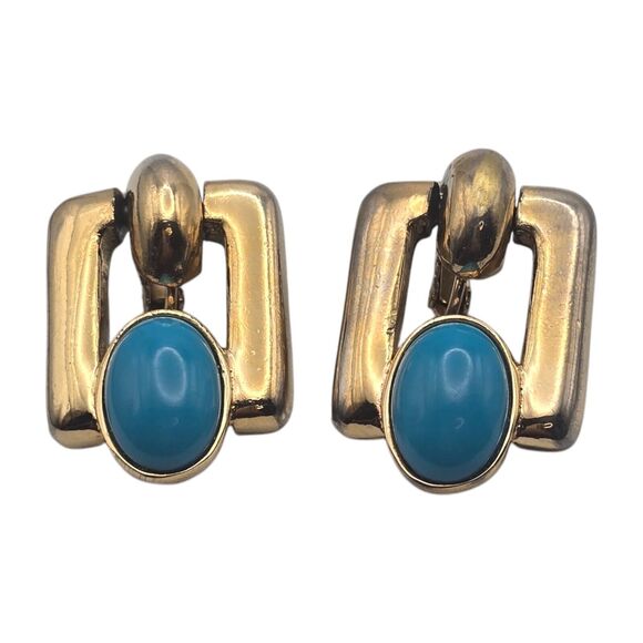 Vintage Bergére Clip On Earrings Light Blue Oval Bead Square Design Gold Tone - Picture 5 of 5
